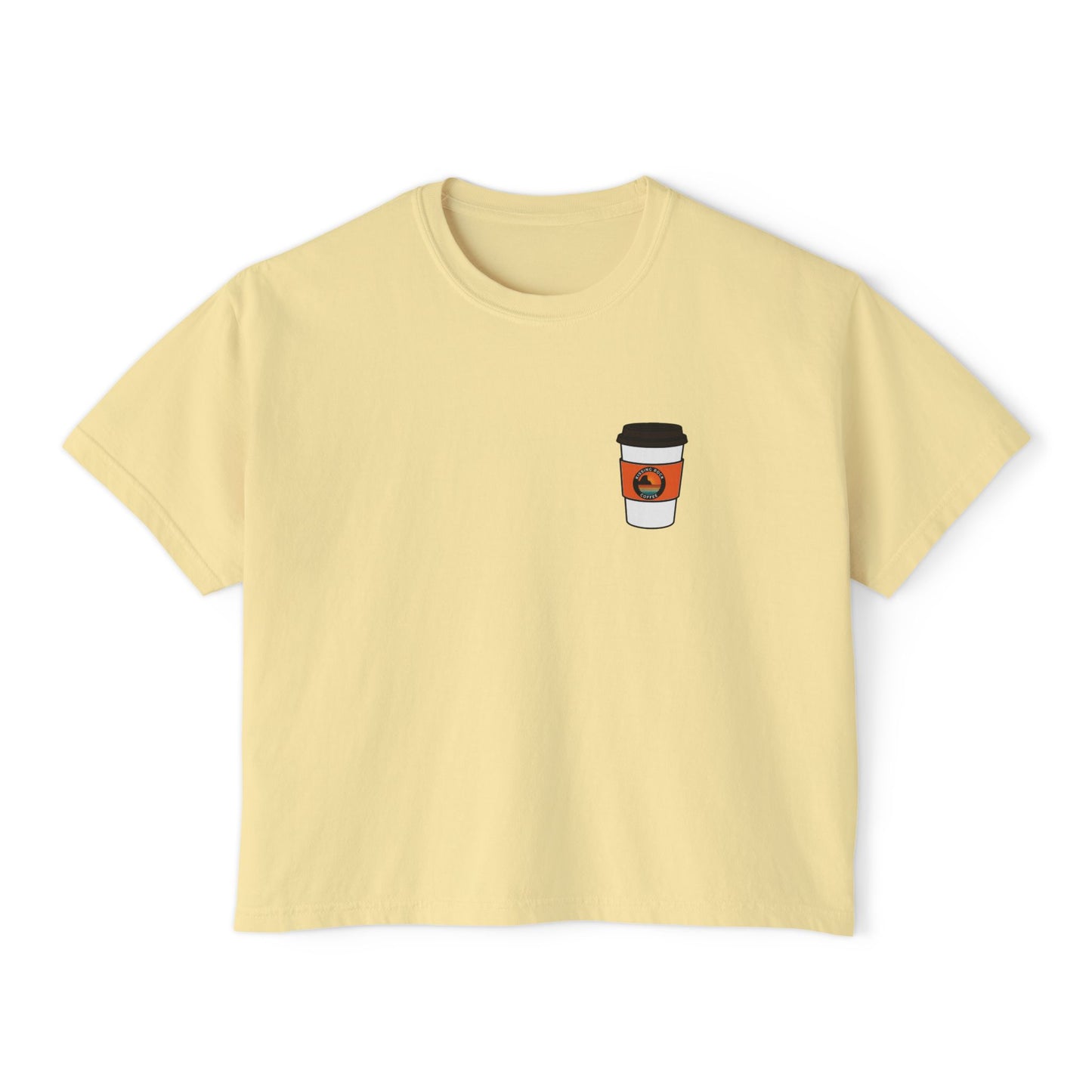 Coffee Lover Boxy Tee — "What If Coffee Is Actually Addicted To Me?" Graphic Shirt