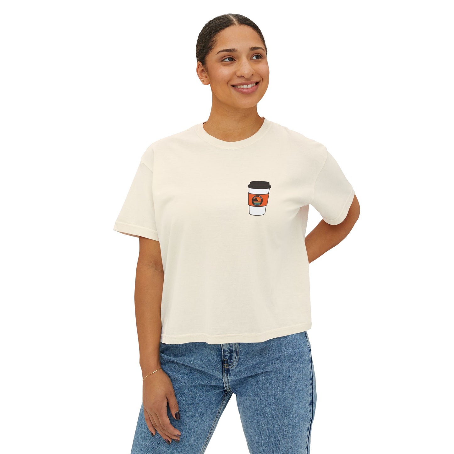 Coffee Lover Boxy Tee — "What If Coffee Is Actually Addicted To Me?" Graphic Shirt