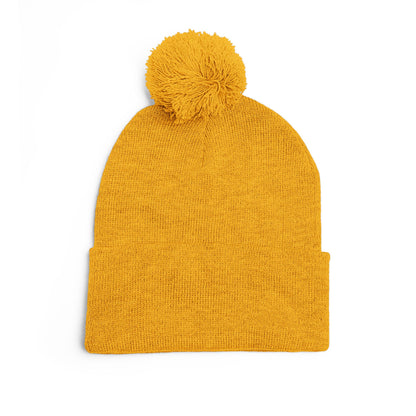Embroidered Pom-Pom Knit Cap — Cozy Mustard Beanie with Fold Cuff