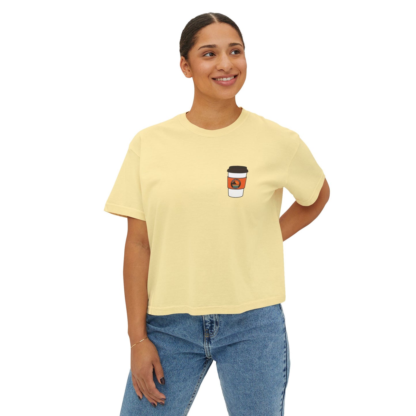 Coffee Lover Boxy Tee — "What If Coffee Is Actually Addicted To Me?" Graphic Shirt