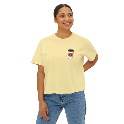 Coffee Lover Boxy Tee — "What If Coffee Is Actually Addicted To Me?" Graphic Shirt