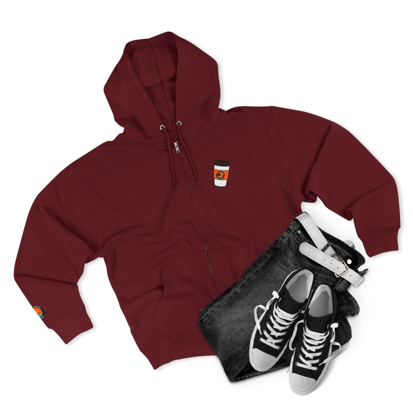 Coffee Addict Zip Hoodie — "What If Coffee Is Actually Addicted To Me?" Burgundy Zip-Up