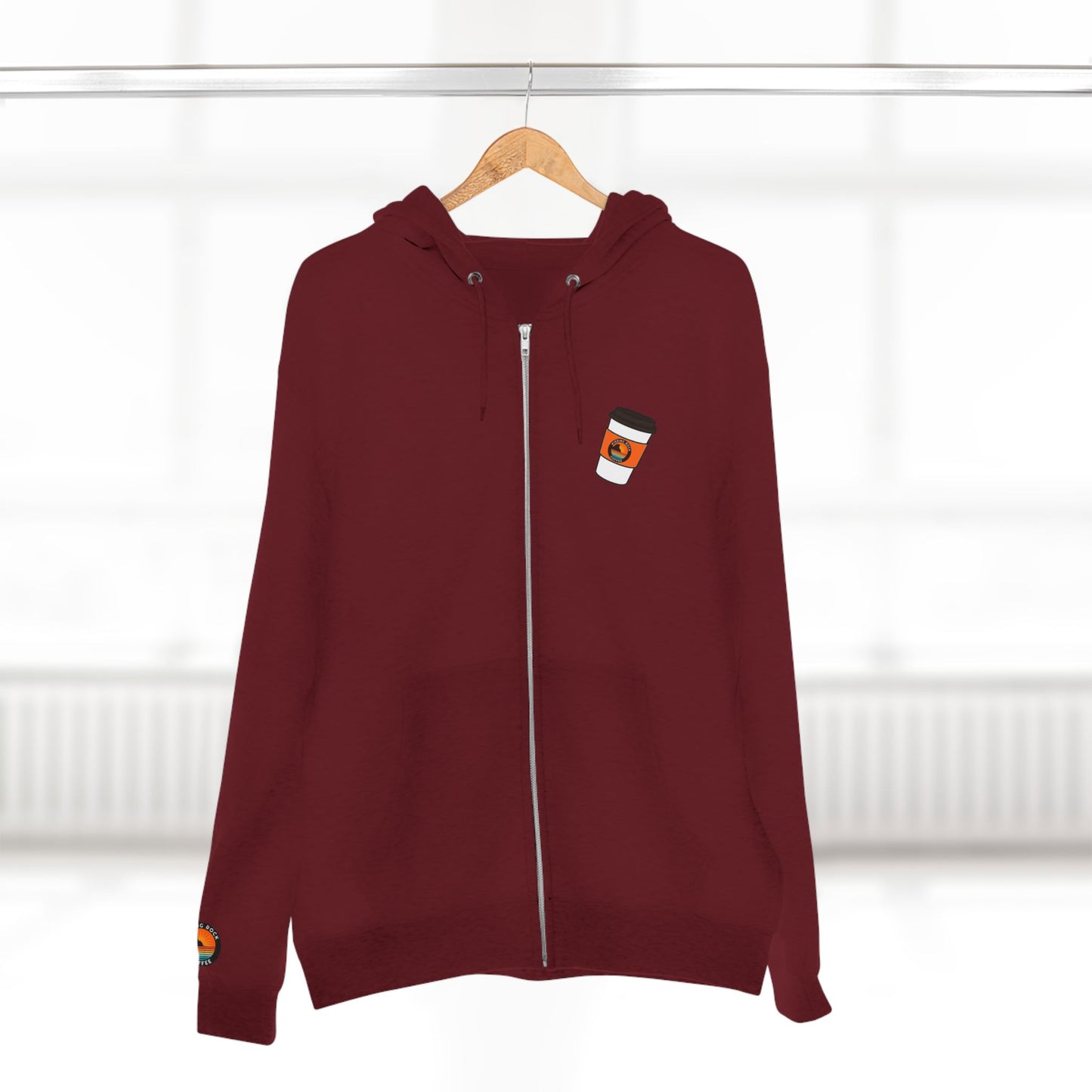 Coffee Addict Zip Hoodie — "What If Coffee Is Actually Addicted To Me?" Burgundy Zip-Up