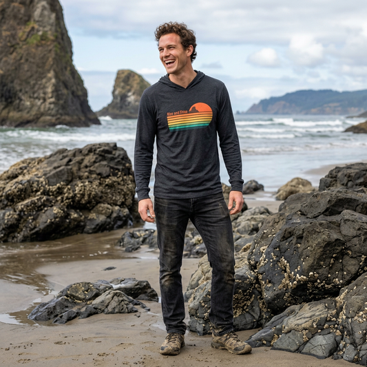 Hooded Long Sleeve Tee — Retro Sunset 'Rise and Shine' Lightweight Hooded Tee