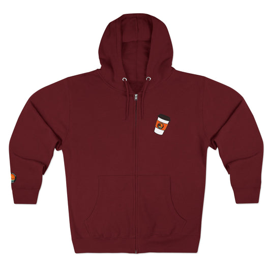 Coffee Addict Zip Hoodie — "What If Coffee Is Actually Addicted To Me?" Burgundy Zip-Up