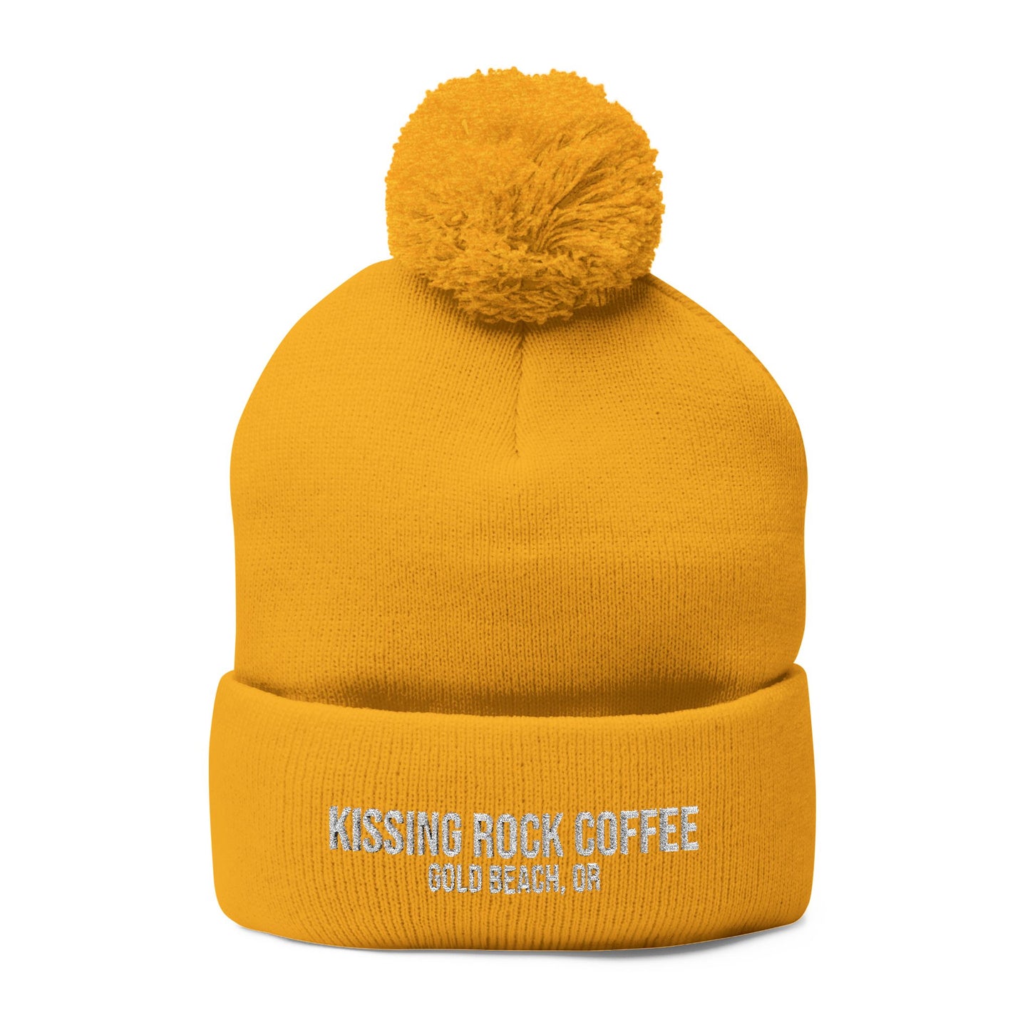 Embroidered Pom-Pom Knit Cap — Cozy Mustard Beanie with Fold Cuff