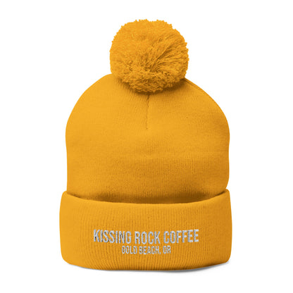Embroidered Pom-Pom Knit Cap — Cozy Mustard Beanie with Fold Cuff