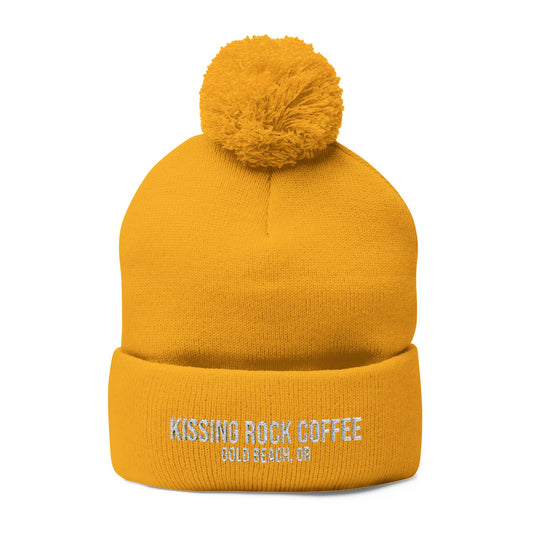 Embroidered Pom-Pom Knit Cap — Cozy Mustard Beanie with Fold Cuff