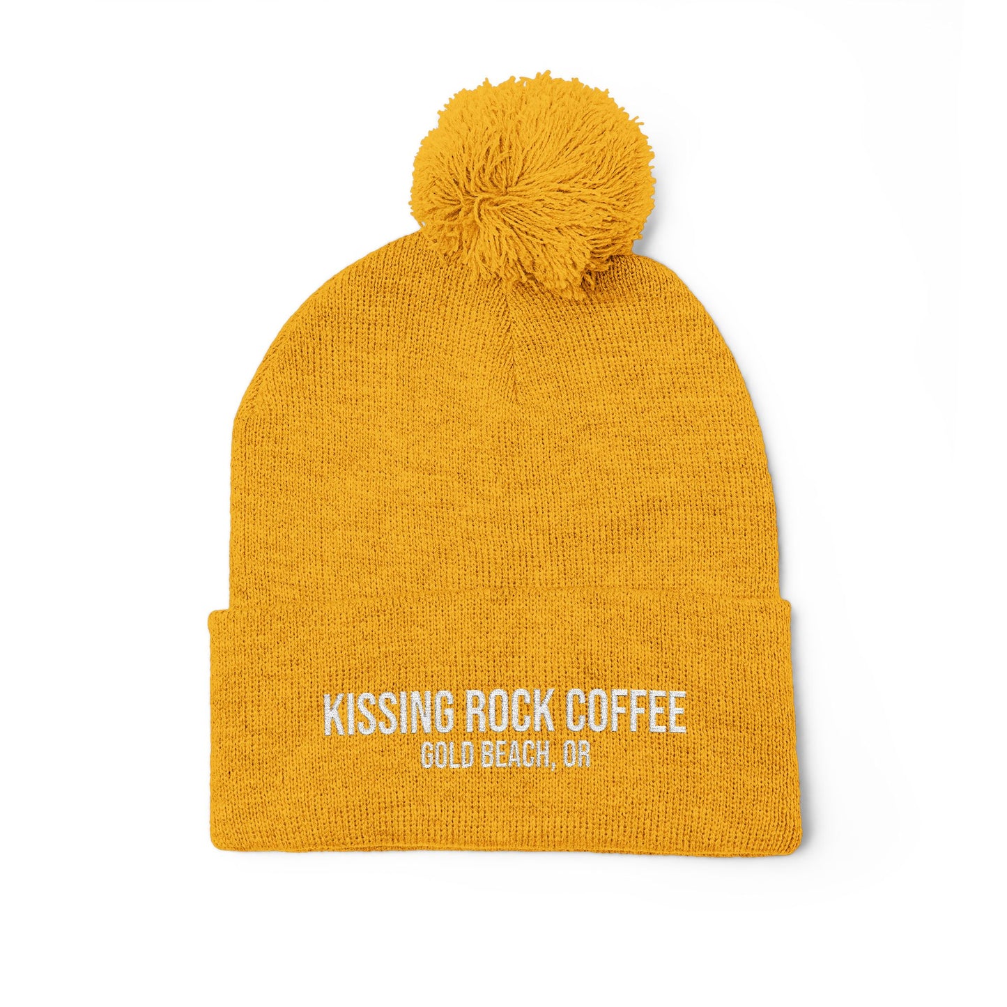 Embroidered Pom-Pom Knit Cap — Cozy Mustard Beanie with Fold Cuff