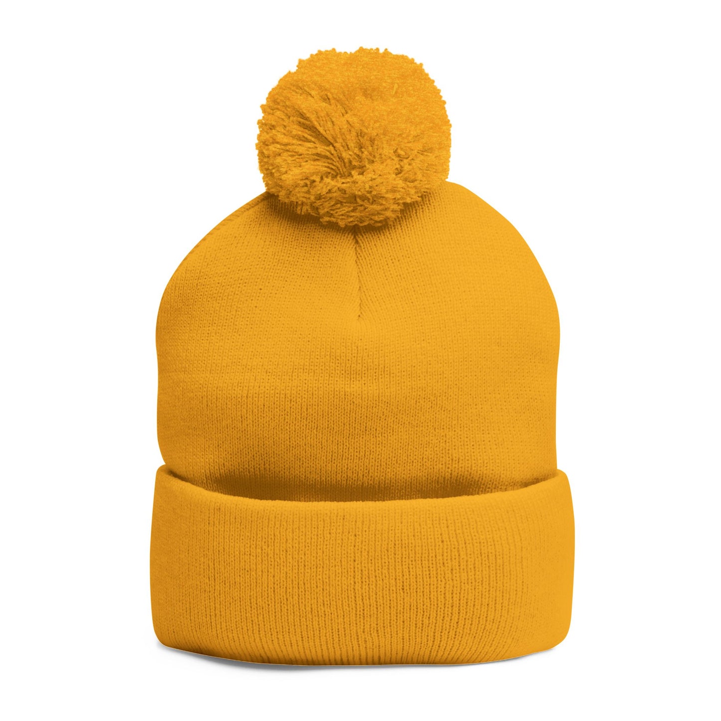 Embroidered Pom-Pom Knit Cap — Cozy Mustard Beanie with Fold Cuff