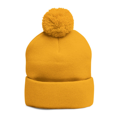 Embroidered Pom-Pom Knit Cap — Cozy Mustard Beanie with Fold Cuff