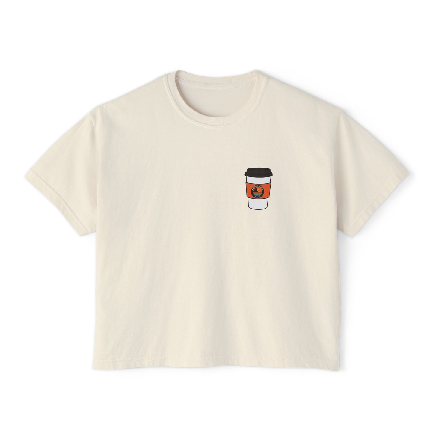 Coffee Lover Boxy Tee — "What If Coffee Is Actually Addicted To Me?" Graphic Shirt