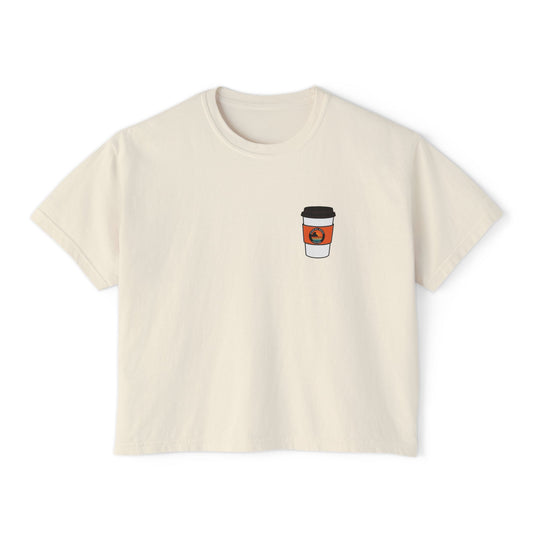 Coffee Lover Boxy Tee — "What If Coffee Is Actually Addicted To Me?" Graphic Shirt